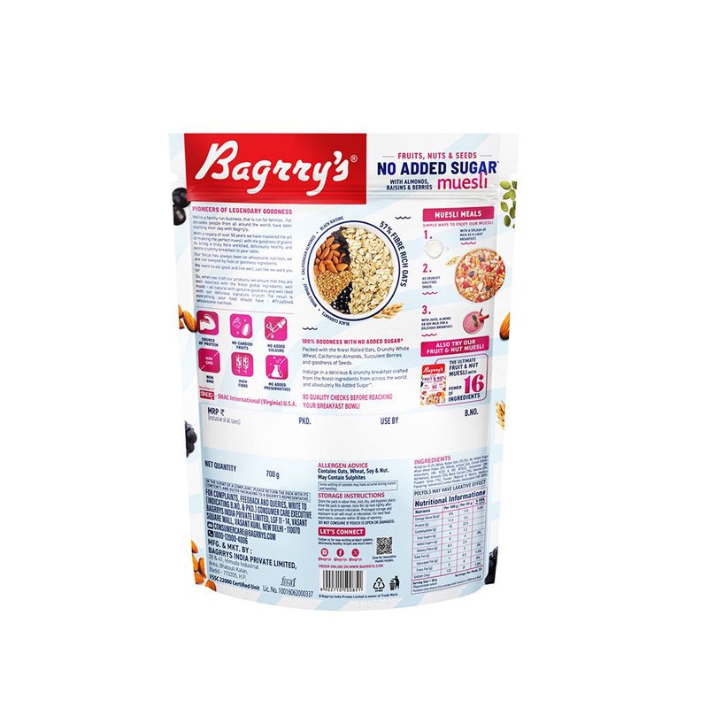 Bagrry's No Added Sugar Muesli 700 GM | Healthy High Fiber Breakfast Cereal | Nutritious Blend of Whole Grains, Nuts & Seeds | Perfect for Milk, Yogurt & Daily Wellness thumbnail 2