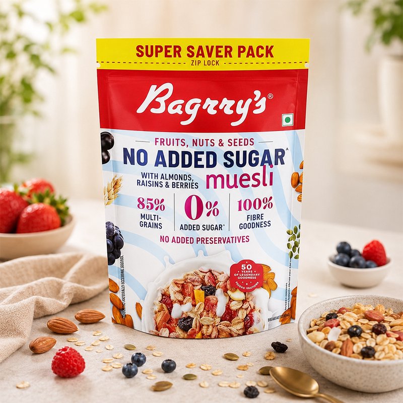 Bagrry's No Added Sugar Muesli 700 GM | Healthy High Fiber Breakfast Cereal | Nutritious Blend of Whole Grains, Nuts & Seeds | Perfect for Milk, Yogurt & Daily Wellness