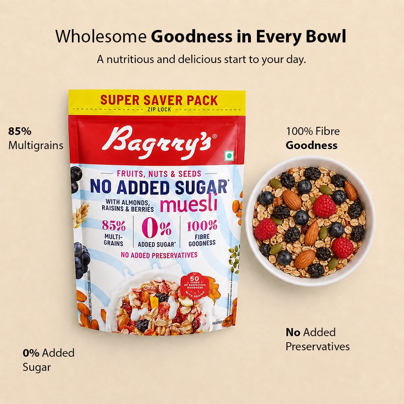 Bagrry's No Added Sugar Muesli 700 GM | Healthy High Fiber Breakfast Cereal | Nutritious Blend of Whole Grains, Nuts & Seeds | Perfect for Milk, Yogurt & Daily Wellness