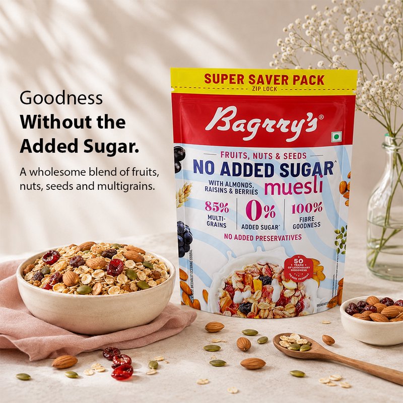 Bagrry's No Added Sugar Muesli 700 GM | Healthy High Fiber Breakfast Cereal | Nutritious Blend of Whole Grains, Nuts & Seeds | Perfect for Milk, Yogurt & Daily Wellness