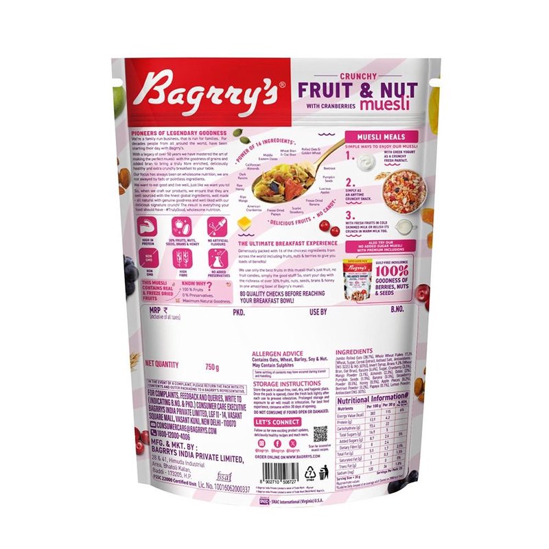 Bagrry's Fruit & Nut Cranberry Muesli | High-Fibre Breakfast Cereal with Whole Grains, Cranberries, Raisins & Nuts | Healthy Muesli for Energy, Digestion & Daily Nutrition thumbnail 2