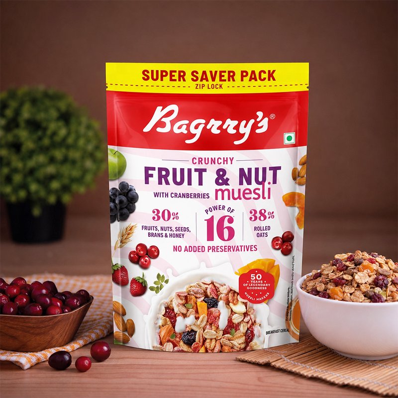 Bagrry's Fruit & Nut Cranberry Muesli | High-Fibre Breakfast Cereal with Whole Grains, Cranberries, Raisins & Nuts | Healthy Muesli for Energy, Digestion & Daily Nutrition