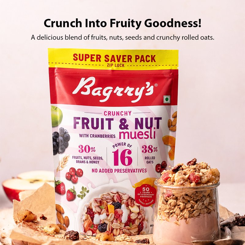 Bagrry's Fruit & Nut Cranberry Muesli | High-Fibre Breakfast Cereal with Whole Grains, Cranberries, Raisins & Nuts | Healthy Muesli for Energy, Digestion & Daily Nutrition