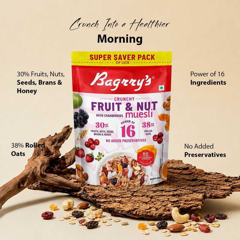 Bagrry's Fruit & Nut Cranberry Muesli | High-Fibre Breakfast Cereal with Whole Grains, Cranberries, Raisins & Nuts | Healthy Muesli for Energy, Digestion & Daily Nutrition