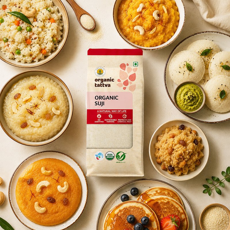 Organic Tattva Suji | Organic Semolina | Premium Rava | Fine Wheat Semolina for Everyday Cooking