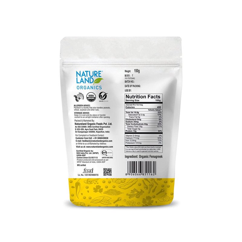 Natureland Organics Fenugreek Seeds 500g | 100% Organic Methi Dana | Fibre-Rich Whole Fenugreek for Tempering, Pickles, Spice Blends & Everyday Cooking thumbnail 2