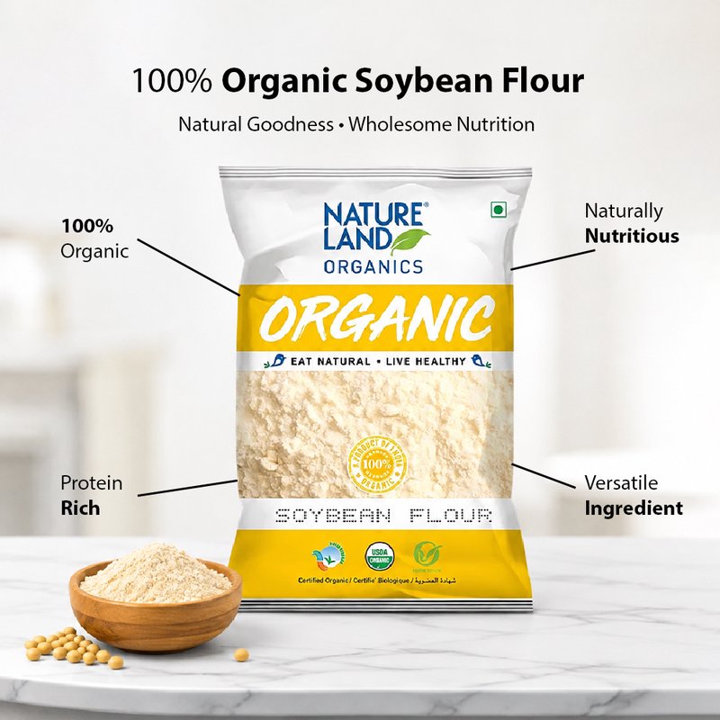 Natureland Organics Soyabean Flour 500g | 100% Organic Soya Flour | High Protein Flour for Rotis, Baking, Multigrain Atta & Everyday Cooking