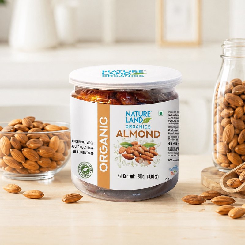 Natureland Organics Almonds 250g | Premium Organic Whole Badam | Naturally Rich in Protein, Vitamin E & Healthy Fats | Crunchy Dry Fruits for Snacking & Cooking