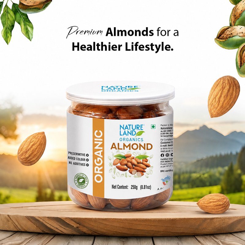 Natureland Organics Almonds 250g | Premium Organic Whole Badam | Naturally Rich in Protein, Vitamin E & Healthy Fats | Crunchy Dry Fruits for Snacking & Cooking