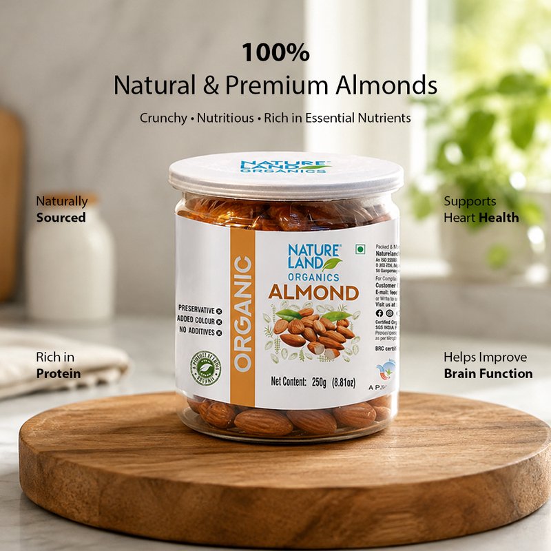 Natureland Organics Almonds 250g | Premium Organic Whole Badam | Naturally Rich in Protein, Vitamin E & Healthy Fats | Crunchy Dry Fruits for Snacking & Cooking