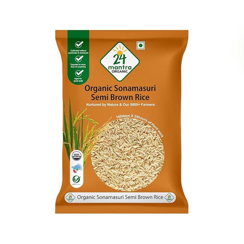 24 Mantra Organic Semi Handpound Brown Rice | 100% Certified Organic | Unpolished Whole Grain Rice | Rich in Fiber | Chemical-Free