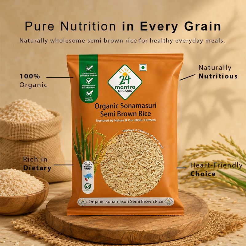 24 Mantra Organic Semi Handpound Brown Rice | 100% Certified Organic | Unpolished Whole Grain Rice | Rich in Fiber | Chemical-Free