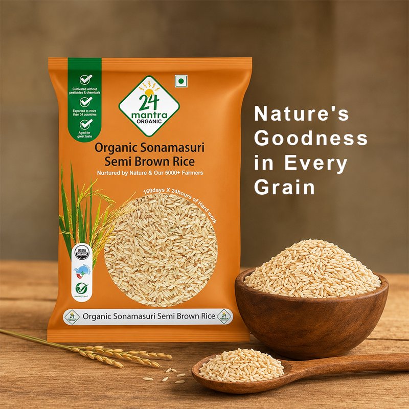 24 Mantra Organic Semi Handpound Brown Rice | 100% Certified Organic | Unpolished Whole Grain Rice | Rich in Fiber | Chemical-Free