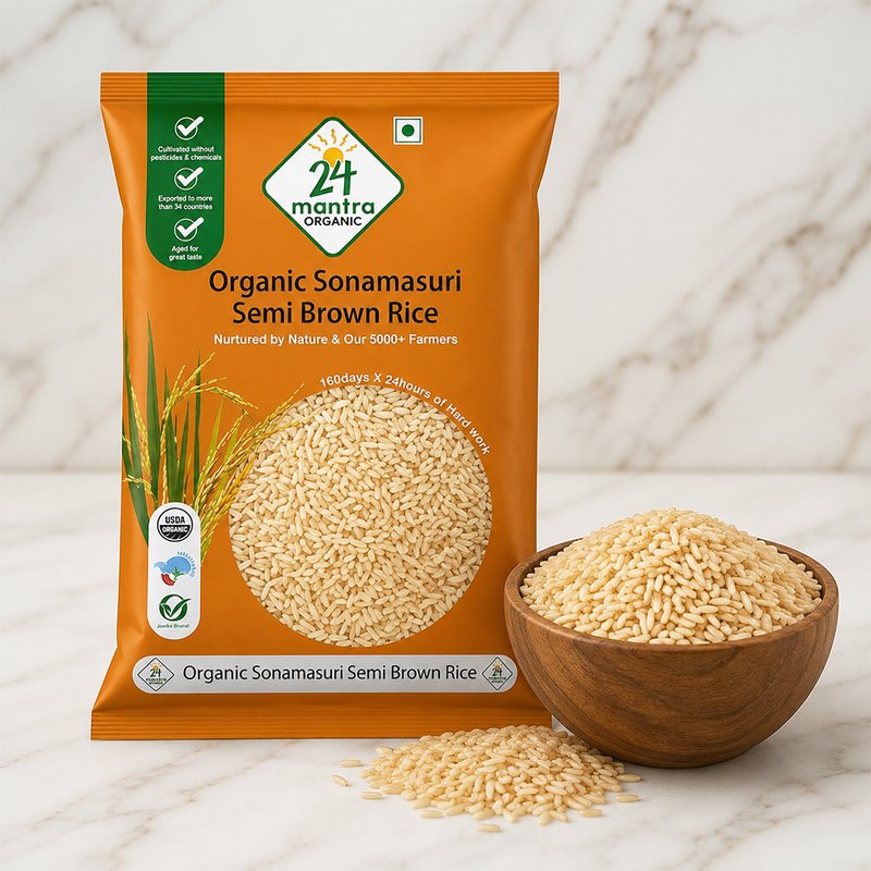 24 Mantra Organic Semi Handpound Brown Rice | 100% Certified Organic | Unpolished Whole Grain Rice | Rich in Fiber | Chemical-Free