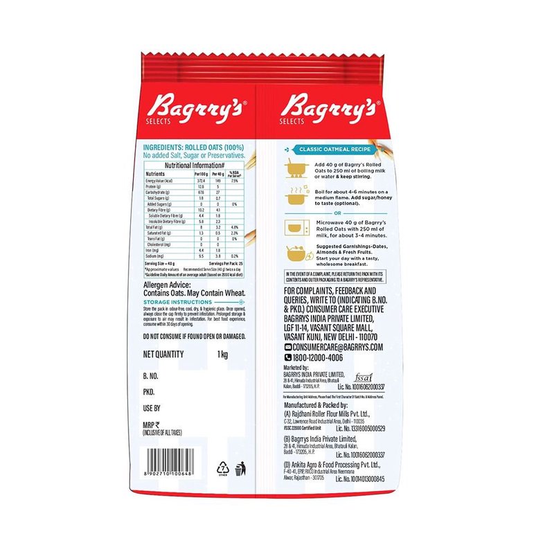 Bagrry’s Rolled Oats Jumbo 1 KG | Premium Wholegrain Breakfast Cereal | High Fiber Healthy Oats | Perfect for Porridge, Smoothies, Overnight Oats & Daily Nutrition thumbnail 2