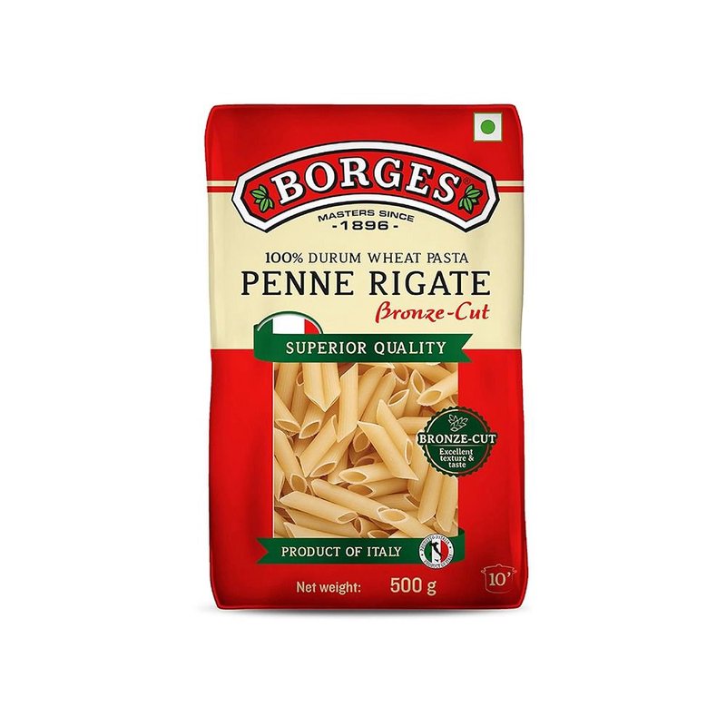 Borges Bronze Cut Penne Pasta | Premium Durum Wheat Semolina | Bronze Die Cut Italian Pasta | Perfect for White Sauce, Red Sauce & Baked Pasta | 500g