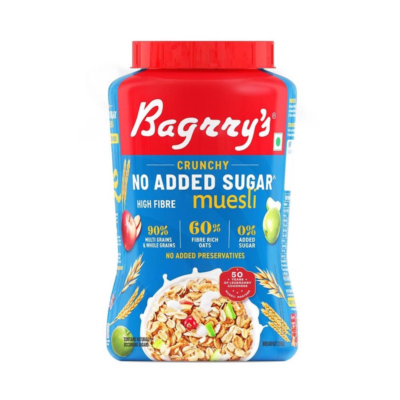 Bagrry’s No Added Sugar Crunchy Muesli 1 KG | High Fiber Healthy Breakfast Cereal | Crunchy Blend of Whole Grains, Nuts & Seeds | Perfect for Daily Nutrition