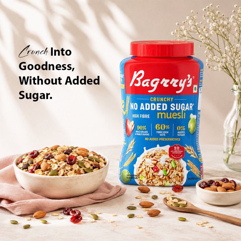 Bagrry’s No Added Sugar Crunchy Muesli  | High Fiber Healthy Breakfast Cereal | Crunchy Blend of Whole Grains, Nuts & Seeds | Perfect for Daily Nutrition