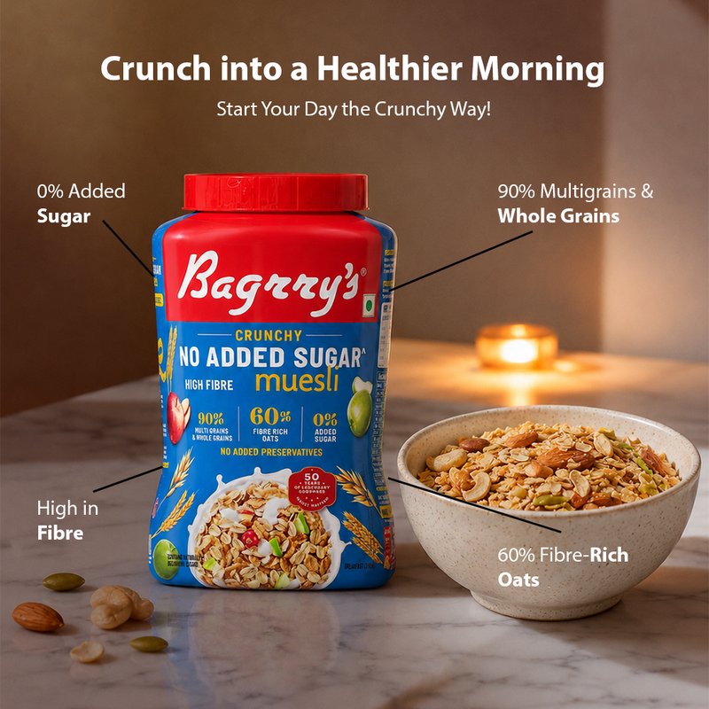 Bagrry’s No Added Sugar Crunchy Muesli  | High Fiber Healthy Breakfast Cereal | Crunchy Blend of Whole Grains, Nuts & Seeds | Perfect for Daily Nutrition
