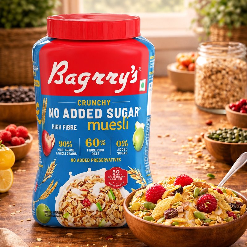 Bagrry’s No Added Sugar Crunchy Muesli  | High Fiber Healthy Breakfast Cereal | Crunchy Blend of Whole Grains, Nuts & Seeds | Perfect for Daily Nutrition