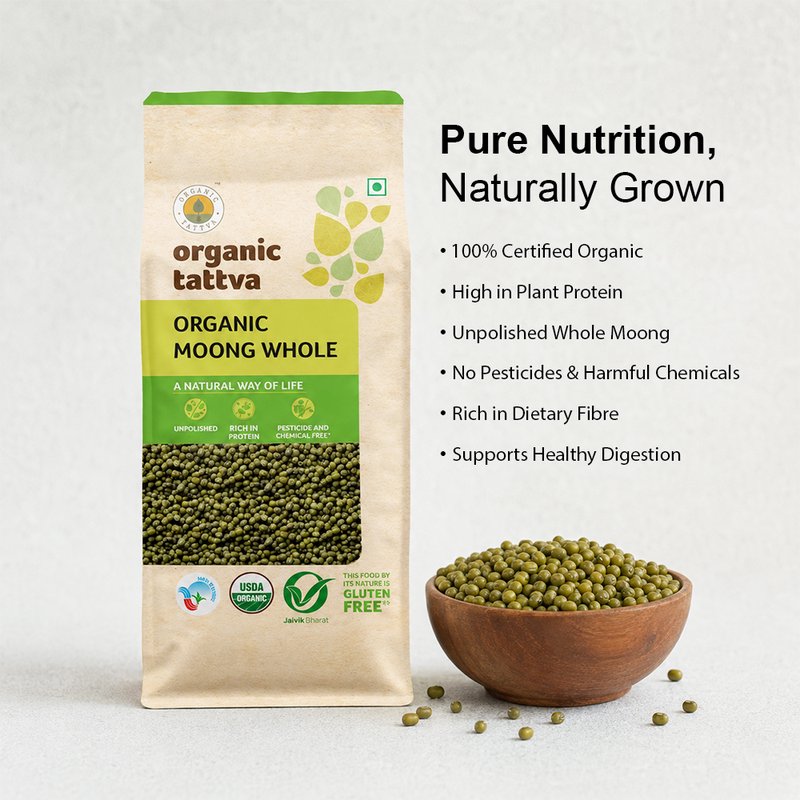 Organic Tattva Whole Moong | Organic Green Gram | Premium Whole Moong Dal | Nutritious Protein-rich Bean For Everyday Cooking