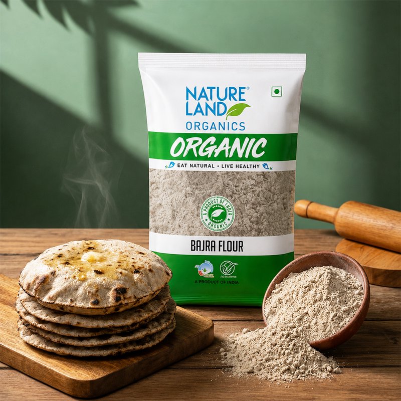 Natureland Organics Bajra Flour 500g | 100% Organic Pearl Millet Flour | Calcium, Iron & Fibre Rich Atta for Rotis, Bhakri & Traditional Recipes