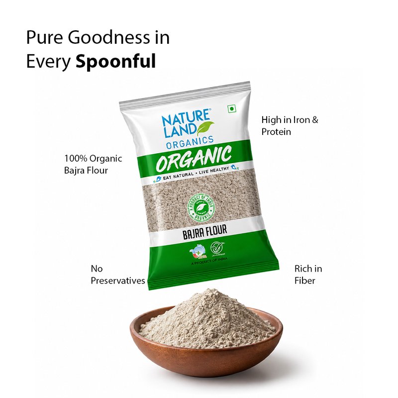 Natureland Organics Bajra Flour 500g | 100% Organic Pearl Millet Flour | Calcium, Iron & Fibre Rich Atta for Rotis, Bhakri & Traditional Recipes