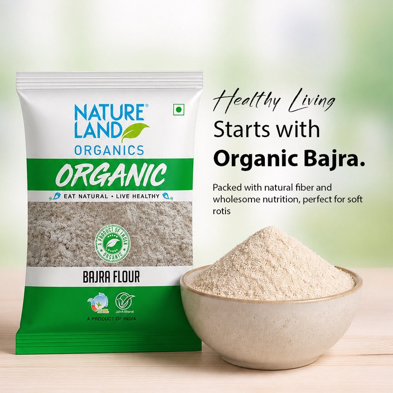 Natureland Organics Bajra Flour 500g | 100% Organic Pearl Millet Flour | Calcium, Iron & Fibre Rich Atta for Rotis, Bhakri & Traditional Recipes