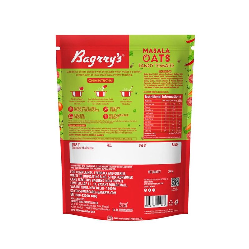 Bagrry’s Masala Oats Tangy Tomato | Instant Savory Oats Meal | High Fiber Healthy Breakfast & Snack | Delicious Tangy Tomato Flavor for Quick Daily Nutrition thumbnail 2
