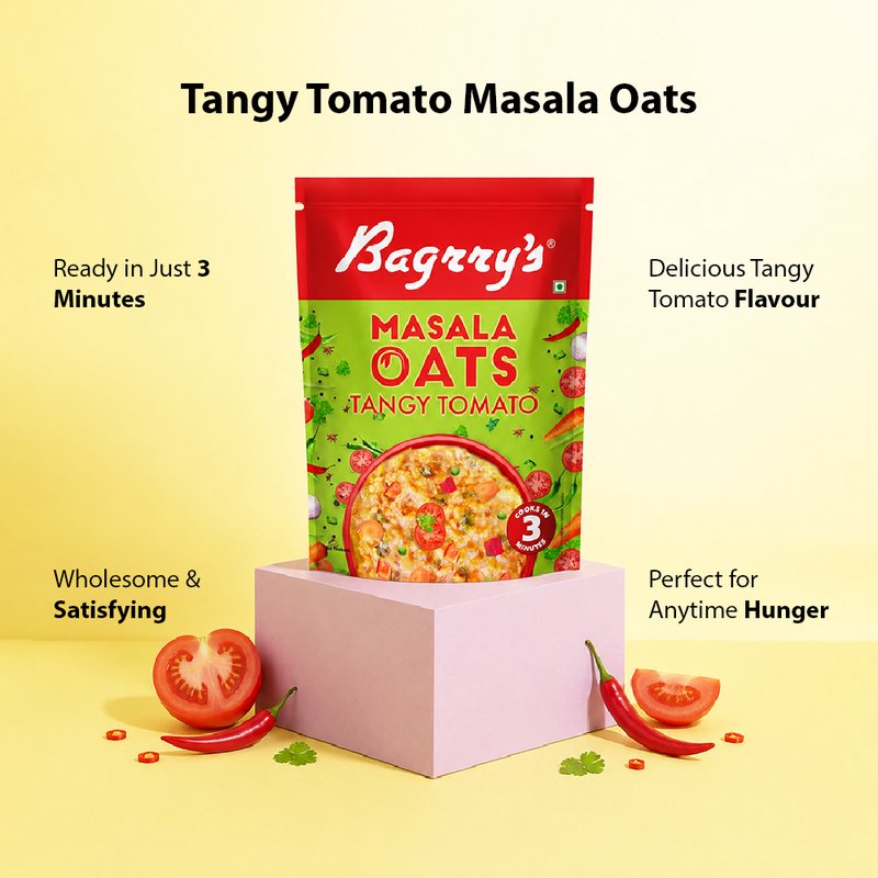 Bagrry’s Masala Oats Tangy Tomato | Instant Savory Oats Meal | High Fiber Healthy Breakfast & Snack | Delicious Tangy Tomato Flavor for Quick Daily Nutrition