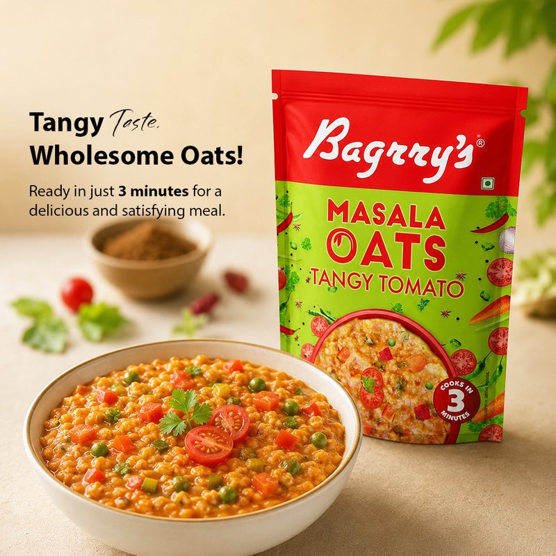 Bagrry’s Masala Oats Tangy Tomato | Instant Savory Oats Meal | High Fiber Healthy Breakfast & Snack | Delicious Tangy Tomato Flavor for Quick Daily Nutrition