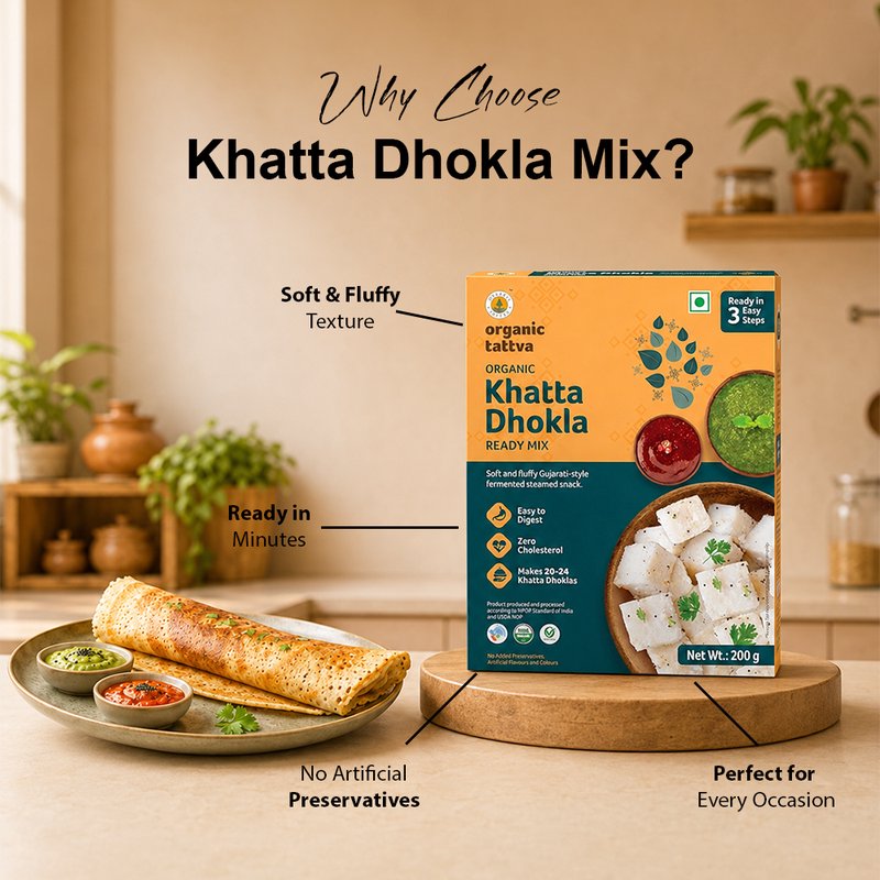 Organic Tattva Khatta Dhokla Ready Mix | Instant Khatta Dhokla Premix | Soft & Spongy Gujarati Snacks Mix