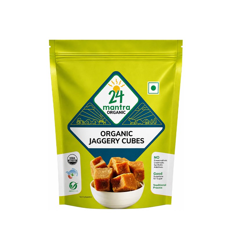 24 Mantra Organic Jaggery Cubes | Natural Cane Jaggery | Unrefined Sweetener | Perfect for Tea, Sweets & Daily Use