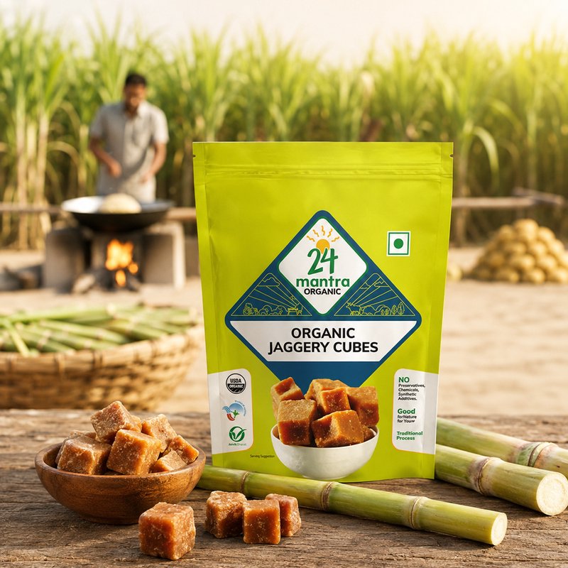 24 Mantra Organic Jaggery Cubes | Natural Cane Jaggery | Unrefined Sweetener | Perfect for Tea, Sweets & Daily Use