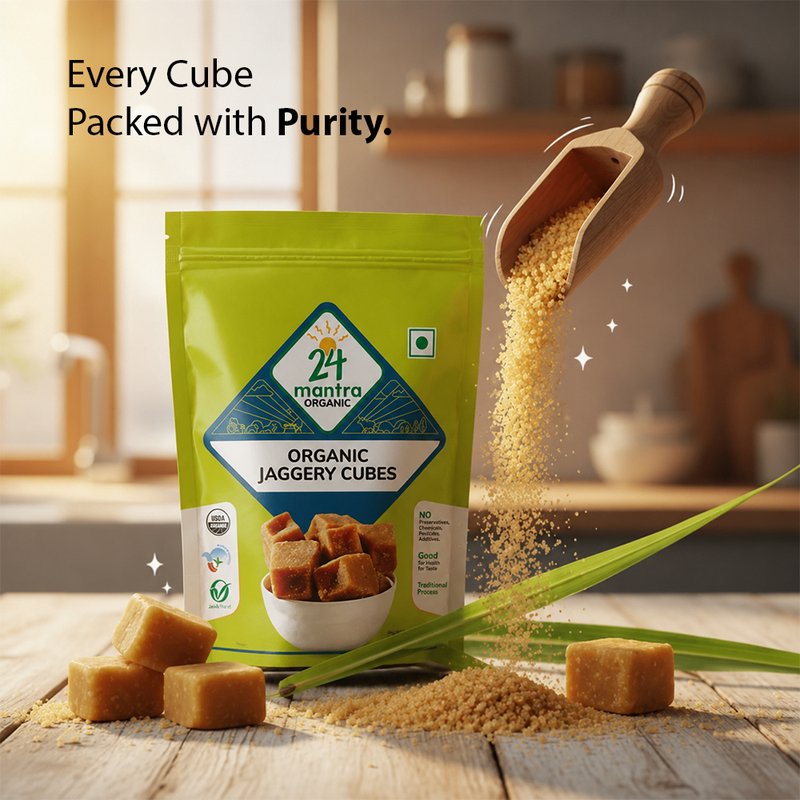 24 Mantra Organic Jaggery Cubes | Natural Cane Jaggery | Unrefined Sweetener | Perfect for Tea, Sweets & Daily Use