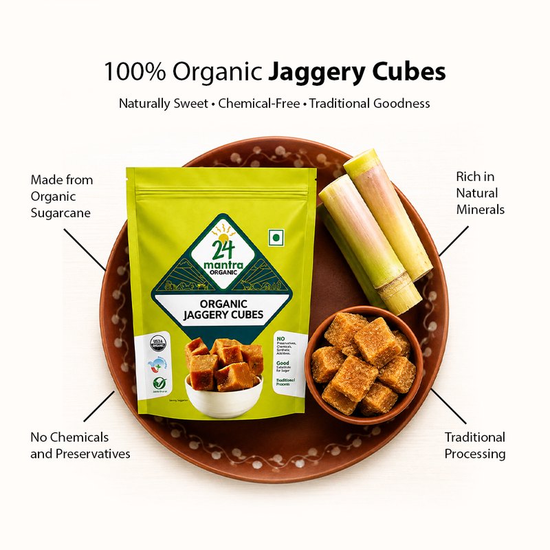 24 Mantra Organic Jaggery Cubes | Natural Cane Jaggery | Unrefined Sweetener | Perfect for Tea, Sweets & Daily Use