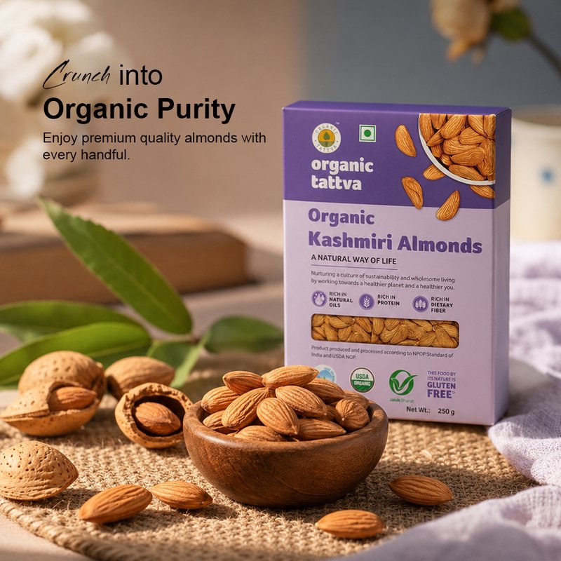 Organic Tattva Kashmiri Almonds | Premium Quality Kashmiri Badam | Pure Whole Almonds | Nutritious Dry Fruits with Crunchy Taste