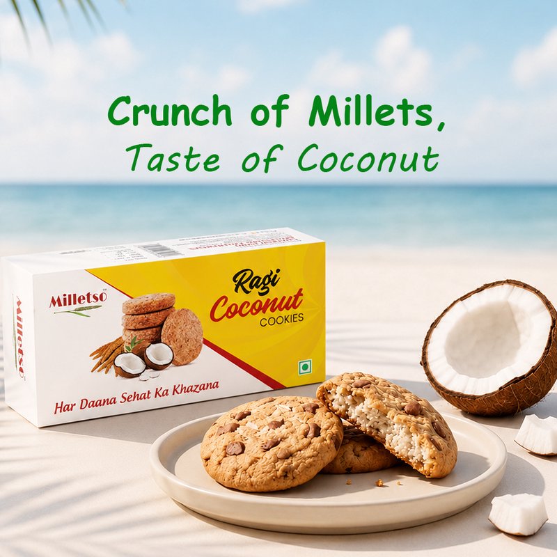 Milletso Ragi Coconut Cookies | Healthy Millet Cookies with Coconut Flavor | Fiber Rich No Maida Biscuits | Calcium & Iron Rich Ragi Snack | Crunchy Tea Time Cookies for Kids & Adults | Healthy Snacking Option