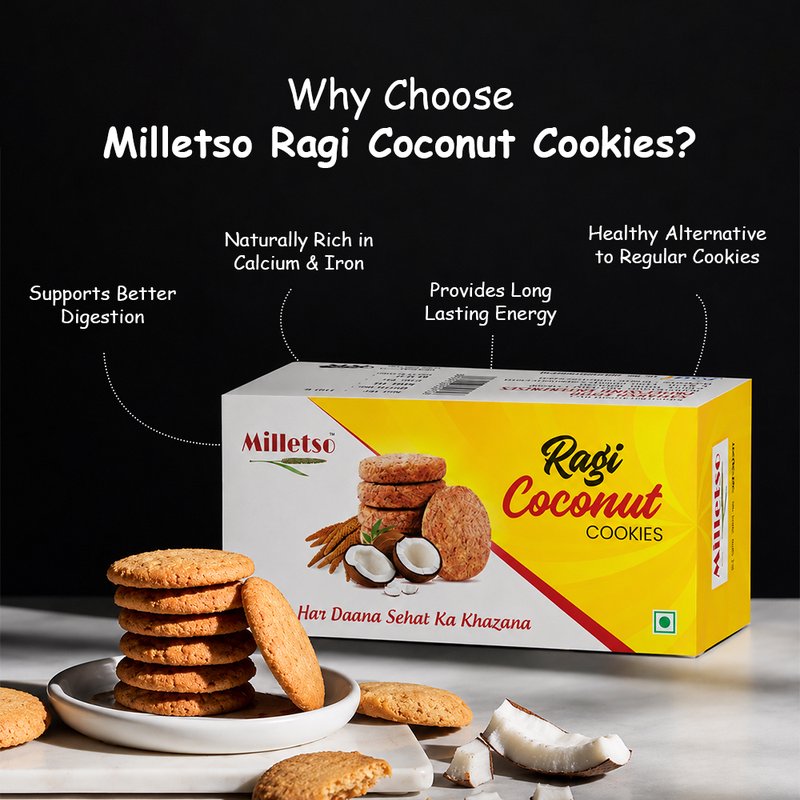 Milletso Ragi Coconut Cookies | Healthy Millet Cookies with Coconut Flavor | Fiber Rich No Maida Biscuits | Calcium & Iron Rich Ragi Snack | Crunchy Tea Time Cookies for Kids & Adults | Healthy Snacking Option