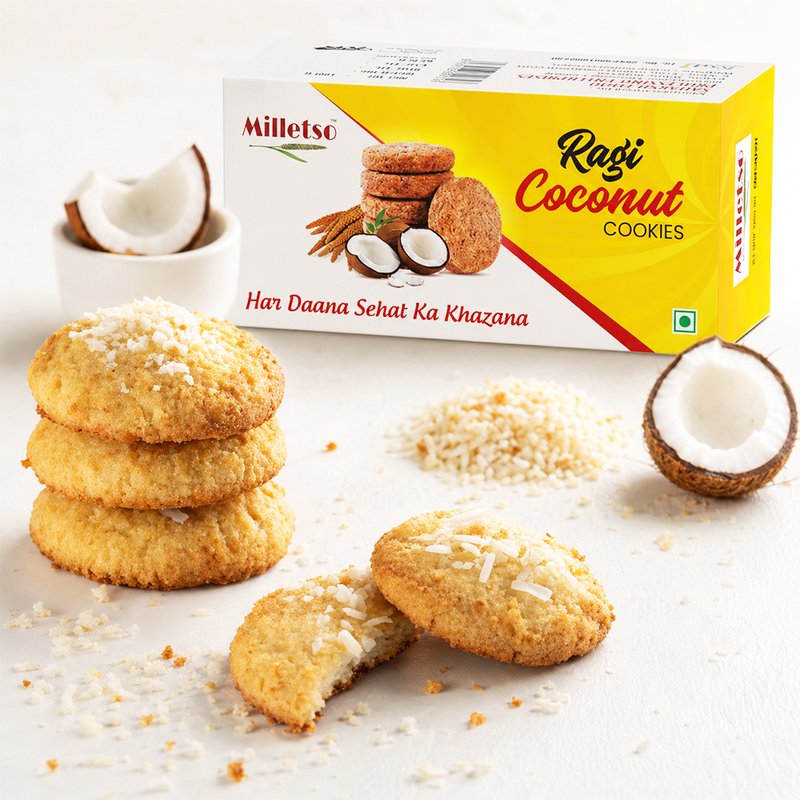 Milletso Ragi Coconut Cookies | Healthy Millet Cookies with Coconut Flavor | Fiber Rich No Maida Biscuits | Calcium & Iron Rich Ragi Snack | Crunchy Tea Time Cookies for Kids & Adults | Healthy Snacking Option