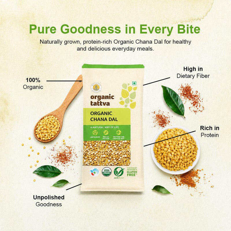 Organic Tattva Chana Dal | Organic Split Bengal Gram | Premium Chana Dal | High Protein Lentils for Indian Cooking