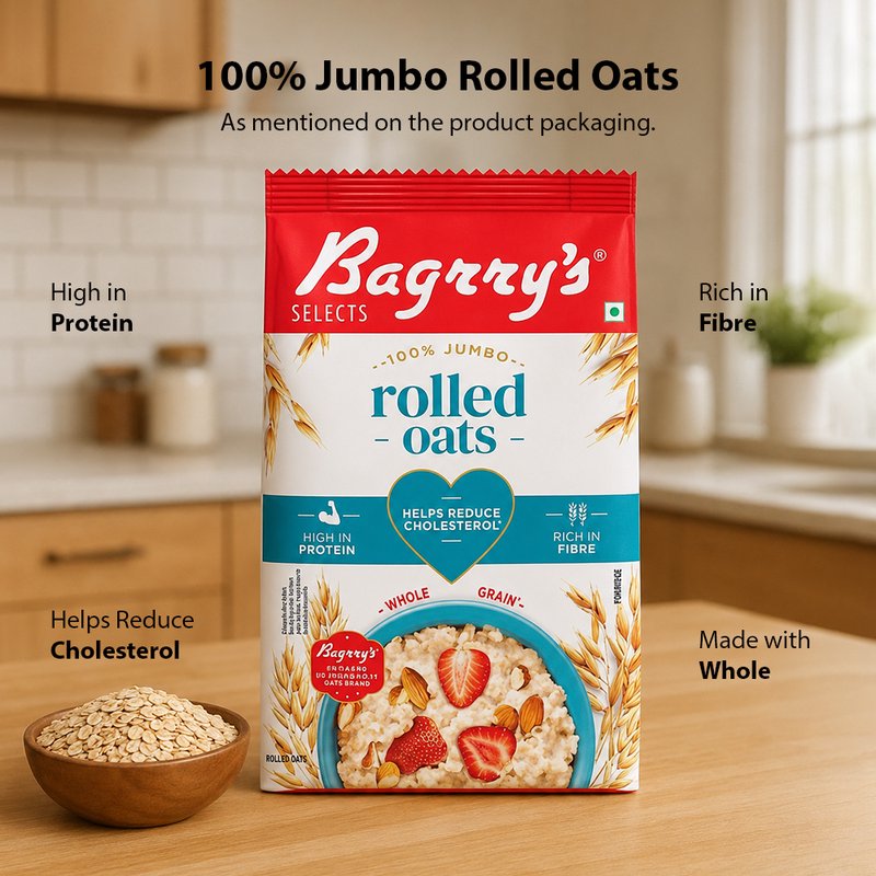 Bagrry’s Rolled Oats Jumbo 1 KG | Premium Wholegrain Breakfast Cereal | High Fiber Healthy Oats | Perfect for Porridge, Smoothies, Overnight Oats & Daily Nutrition
