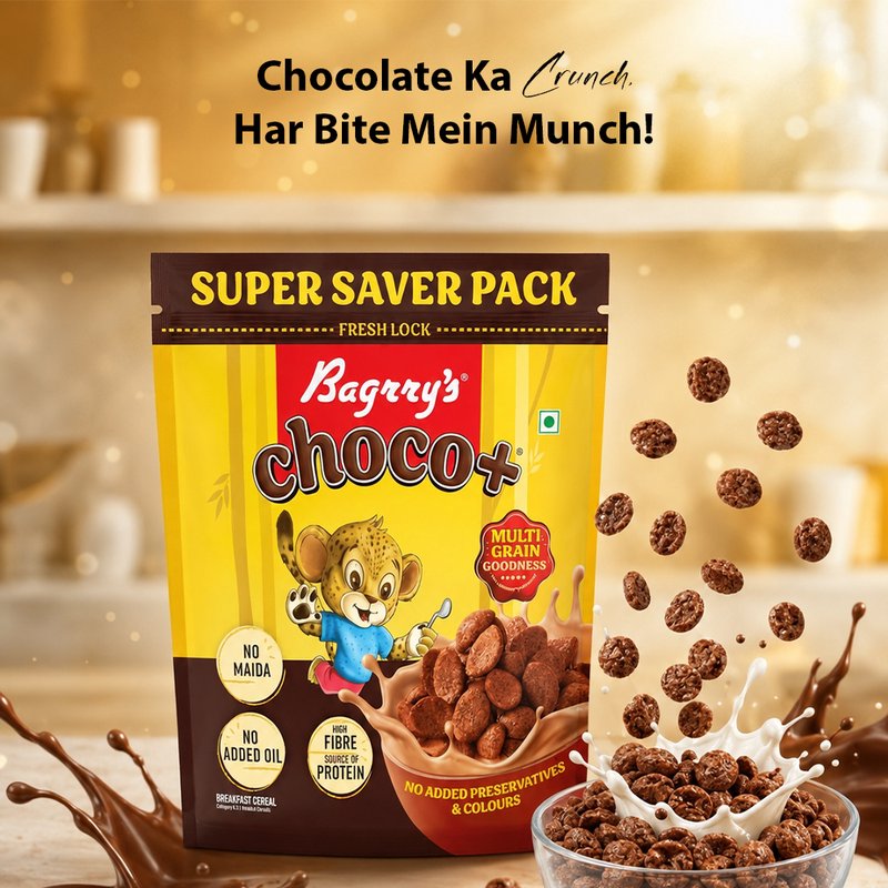 Bagrry's Choco Plus 1.2kg | Chocolate Breakfast Cereal with Whole Grains | High-Fibre Crunchy Cereal for Energy, Taste & Daily Nutrition | Family Pack