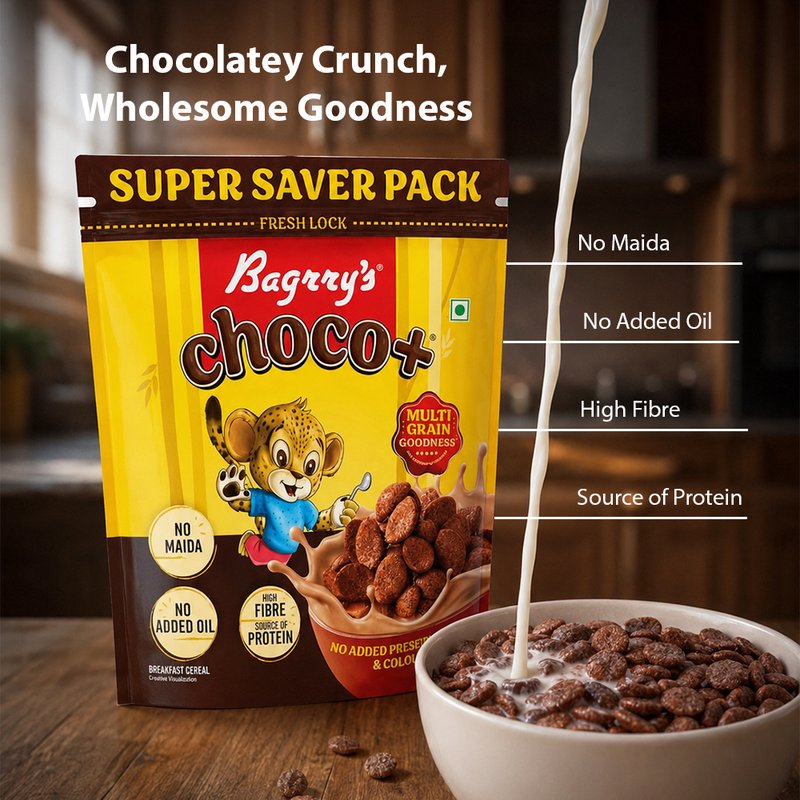 Bagrry's Choco Plus 1.2kg | Chocolate Breakfast Cereal with Whole Grains | High-Fibre Crunchy Cereal for Energy, Taste & Daily Nutrition | Family Pack