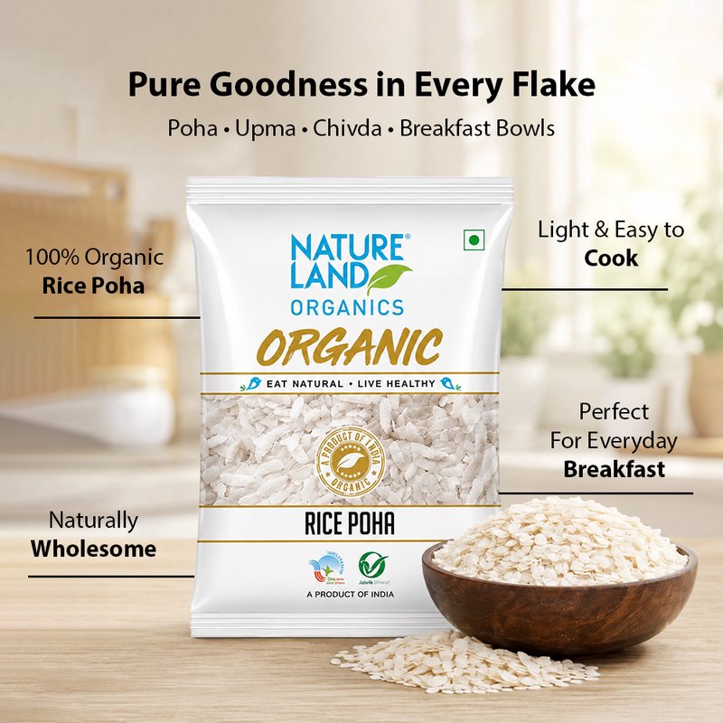 Natureland Organics Rice Poha 500g | 100% Organic Flattened Rice | Premium Thin Poha for Breakfast, Snacks & Traditional Indian Recipes