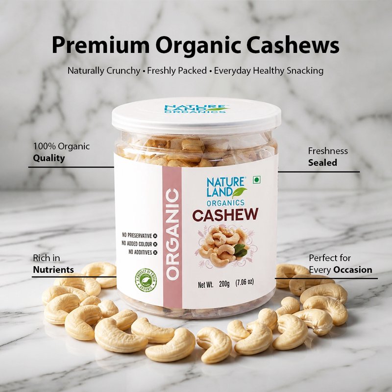 Natureland Organics Cashew Nuts 200g | 100% Organic Premium Whole Cashews (Kaju) | Protein & Healthy Fat Rich Dry Fruit for Snacking, Desserts & Cooking