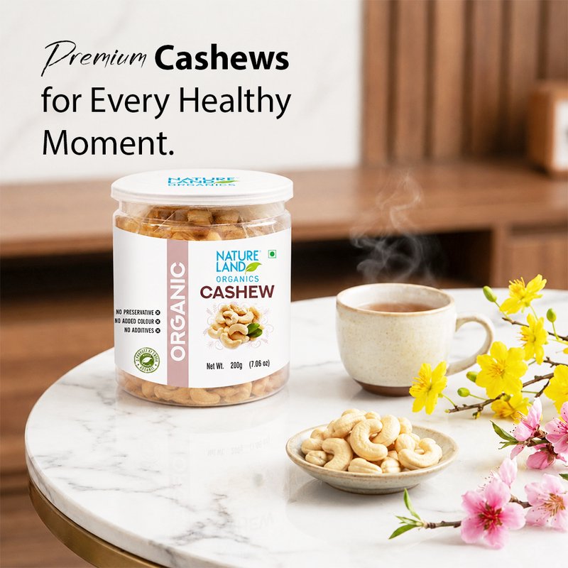 Natureland Organics Cashew Nuts 200g | 100% Organic Premium Whole Cashews (Kaju) | Protein & Healthy Fat Rich Dry Fruit for Snacking, Desserts & Cooking