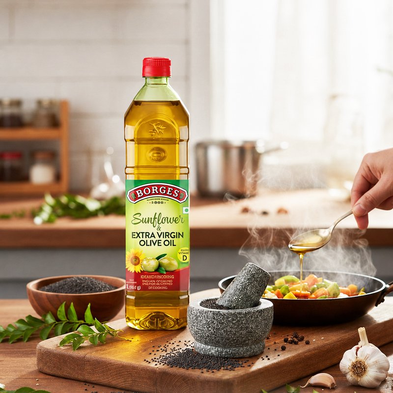 Borges Sunflower Oil with Extra Virgin Olive Oil | Blended Cooking Oil | Light & Versatile Edible Oil | Ideal for Frying, Sautéing & Everyday Cooking