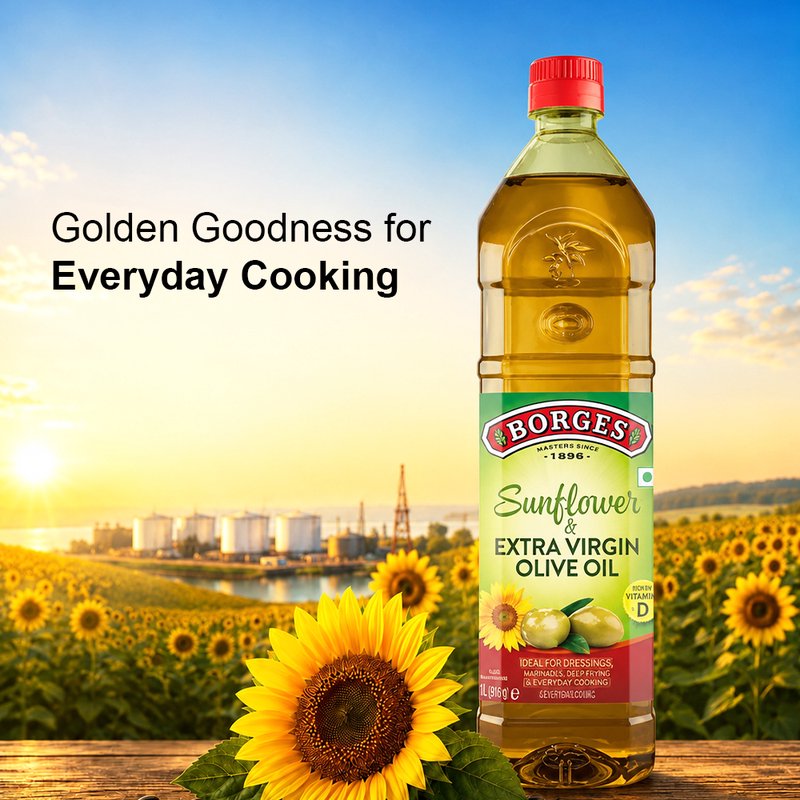 Borges Sunflower Oil with Extra Virgin Olive Oil | Blended Cooking Oil | Light & Versatile Edible Oil | Ideal for Frying, Sautéing & Everyday Cooking