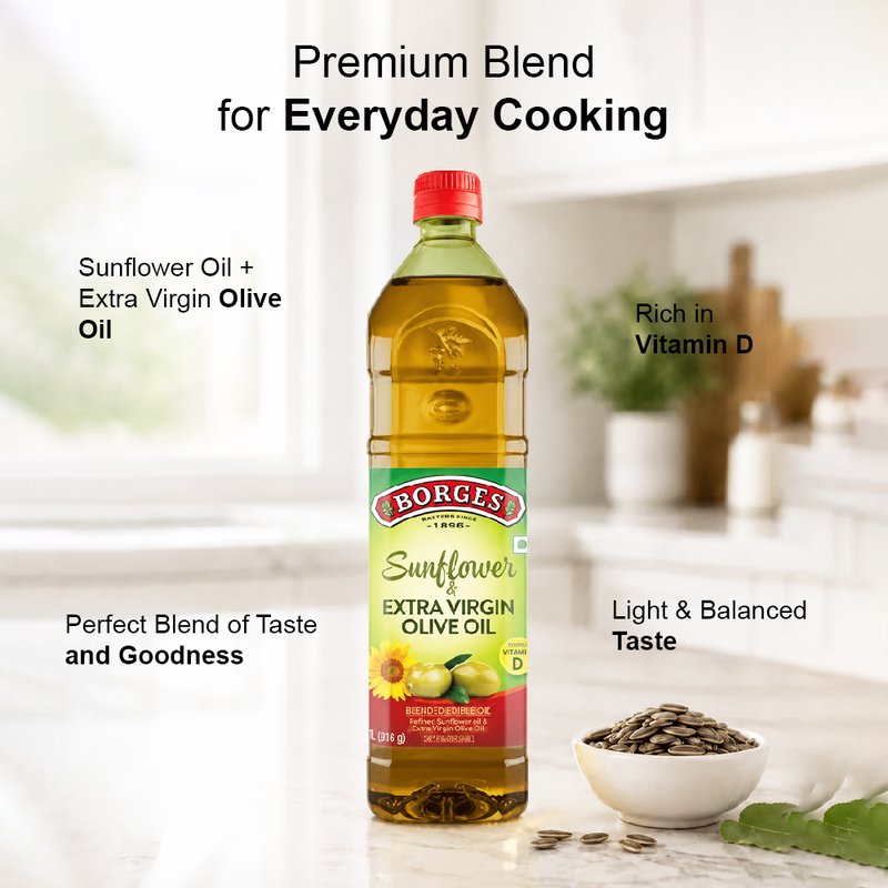 Borges Sunflower Oil with Extra Virgin Olive Oil | Blended Cooking Oil | Light & Versatile Edible Oil | Ideal for Frying, Sautéing & Everyday Cooking